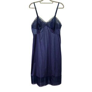 Vintage Navy Blue Lace Trim Satin Slip Gown Nightgown Adjustable Straps S